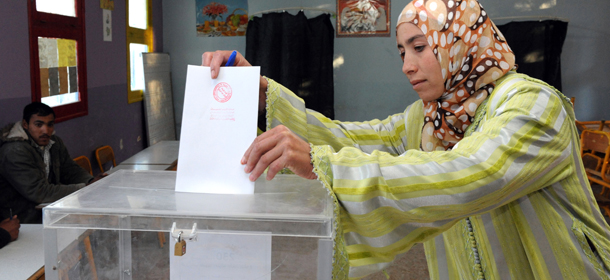 A woman casts her vote in Mquam Telba, near Tifelt on November 25, 2011. Moroccans voted Friday in the first legislative election since the king introduced constitutional reforms in response to the Arab Spring uprisings, with an Islamist party expected to make strong gains. AFP PHOTO / ABDELHAK SENNA (Photo credit should read ABDELHAK SENNA/AFP/Getty Images)
