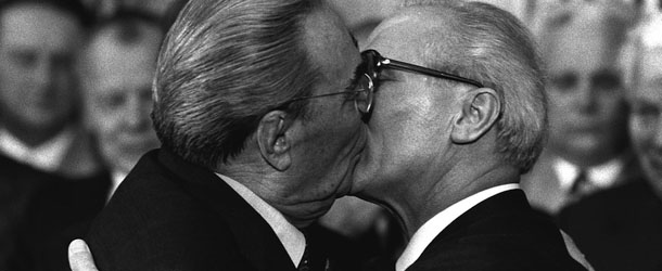BER6 Berlin, East Germany, Oct. 4, 1979 &#8211; Soviet President Leonid Brezhnev and East German leader Erich Honecker change kisses after Brezhnev was honored with the title &#8220;Hero of the German Democratic Republik&#8221; and the &#8220;Karl Marx Medal&#8221;. Brezhnev participates in the celebrations marking the 30th anniversary of the East German State`s foundation. (AP Photo/Helmuth Lohmann/stf)
