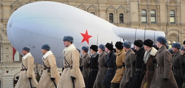 Wearing WWII-era military uniform soldiers march at the Red Square in Moscow, on November 7, 2011, during a military parade to mark the 70th anniversary of the 1941 parade, when Red Army troops marched past the Kremlin and then went directly to the front line to fight the Nazi Germany troops at the gates of the Russian capital. AFP PHOTO/ ALEXANDER NEMENOV (Photo credit should read ALEXANDER NEMENOV/AFP/Getty Images)
