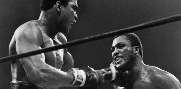 Boxer Muhammad Ali, left, and Joe Frazier shown in action, Jan. 28, 1974, New York. (AP Photo/ABC) ** NO SALES **
