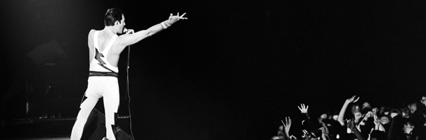 A file picture taken on September 18, 1984 showing Rock star Freddie Mercury, lead singer of the rock group &#8220;Queen&#8221;, during a concert at the Palais Omnisports de Paris Bercy (POPB). (Photo credit should read JEAN-CLAUDE COUTAUSSE/AFP/Getty Images)
