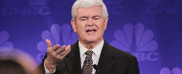 ROCHESTER, MI &#8211; NOVEMBER 09: Former Speaker of the House Newt Gingrich speaks during a debate hosted by CNBC and the Michigan Republican Party at Oakland University on November 9, 2011 in Rochester, Michigan. The debate is the first meeting of the eight GOP presidential hopefuls since allegations of sexual impropriety have surfaced against front-runner Herman Cain. (Photo by Scott Olson/Getty Images)
