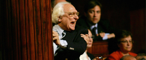 Rome, ITALY: Italian Radical Party deputy Marco Pannella shouts after being excluded at the Senate in Rome, 28 April 2006. Italy&#8217;s new parliament meets for the first time following hotly-contested general election and begins the task of electing a speaker for both the lower house and upper house Senate. AFP PHOTO / ANDREAS SOLARO (Photo credit should read ANDREAS SOLARO/AFP/Getty Images)
