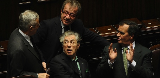 Northern League party leader Umberto Bossi (C) chats with Italian economy minister Giulio Tremonti (L), interior minister Roberto Maroni and minister Roberto Calderoli prior a vote on Italy&#8217;s public accounts at the parliament on November 8, 2011 in Rome. Prime Minister Silvio Berlusconi&#8217;s main coalition partner, Umberto Bossi, called for his resignation the same day ahead of a knife-edge vote as Italy came under acute pressure from record borrowing rates to finance debt. AFP PHOTO / VINCENZO PINTO (Photo credit should read VINCENZO PINTO/AFP/Getty Images)
