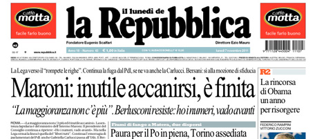 Le prime pagine di lunedì 7 novembre 2011