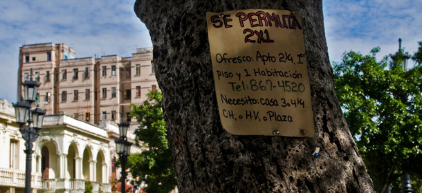 An advertisement to exchange houses is seen on a tree in a park of Havana, on November 3, 2011. The Cuban government has approved a law allowing individuals to buy and sell homes for the first time in 50 years, the official newspaper Granma said on 3 November, 2011. The measure is part of a series of economic reforms aimed at reviving the economy of the communist-ruled island and easing a severe housing shortage. AFP PHOTO/STR (Photo credit should read STR/AFP/Getty Images)
