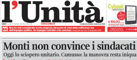 Le prime pagine di lunedì 12 dicembre 2011