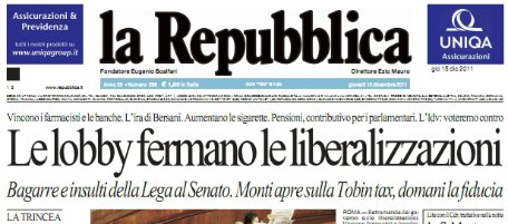 Le prime pagine di giovedì 15 dicembre 2011