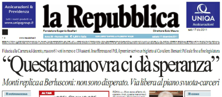 Le prime pagine di sabato 17 dicembre 2011