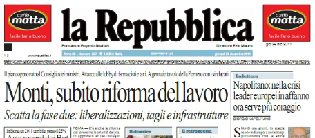 Le prime pagine di giovedì 29 dicembre 2011