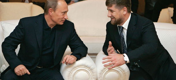 Russian President Vladimir Putin (L) confers with Chechen President Ramzan Kadyrov (R) during a meeting with a survey squad of &#8220;12&#8243; movie in the residence of Novo-Ogaryovo outside Moscow, 02 November 2007. AFP PHOTO / RIA NOVOSTI / KREMLIN / DMITRY ASTAKHOV (Photo credit should read DMITRY ASTAKHOV/AFP/Getty Images)
