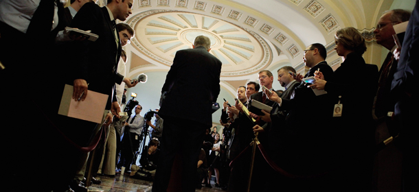 WASHINGTON, DC &#8211; NOVEMBER 29: Senate Majority Leader Harry Reid (D-NV) answers reporters&#8217; questions after the weekly Senate Democratic policy luncheon at the U.S. Captiol November 29, 2011 in Washington, DC. The Senate Democratic and Republican caucuses met separately behind closed doors to discuss the annual $226 billion Defense Authorization legislation. The White House has threatened to veto the military spending bill over parts of the bill requiring that al-Qaeda members captured on US soil be held by the military and not civilian authorties. (Photo by Chip Somodevilla/Getty Images)
