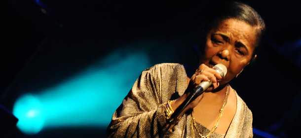 Cape Verde singer Cesaria Evora performs during a live concert at the UCLA Royce Hall in Los Angeles on October 11, 2008. AFP PHOTO/Jewel SAMAD (Photo credit should read JEWEL SAMAD/AFP/Getty Images)
