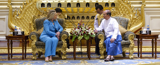 Myanmar President Thein Sein meets with US Secretary of State Hillary Clinton during a meeting at the President&#8217;s Office in Naypyidaw, Myanmar on December 1, 2011. Clinton is traveling to the country in the first visit by a US Secretary of State in more than 50 years. AFP PHOTO / POOL / Saul LOEB (Photo credit should read SAUL LOEB/AFP/Getty Images)
