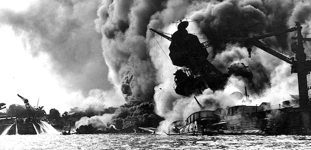 387458 01: The USS Arizona burns during the bombing of Pearl Harbor, December 7, 1941 in Hawaii. (Photo courtesy of U.S. Navy/Newsmakers)

