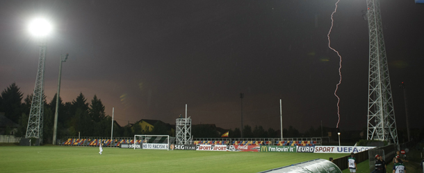 A lightning strikes next to stadium of Mogosoaia during the football final match of the UEFA European Under-19 Championships 2011 between Belgium and Spain in Mogosoaia, near Bucharest, on July 20, 2011. Due to the severe weather conditions the match was postponed for July 21. AFP PHOTO / STRINGER (Photo credit should read STRINGER/AFP/Getty Images)
