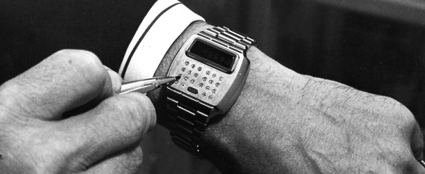The first combined computer-calculator and wristwatch to be produced, known as &#8216;Pulsar&#8217;, on show at the International Watch and Jewellery Trades Fair at Wembley, London. (Photo by Malcolm Clarke/Getty Images)
