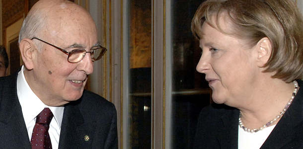 In this photo released by the Italian Presidency press office, German Chancellor Angela Merkel, right, meets Italian President Giorgio Napolitano, at the Quirinale Palace in Rome, Monday, March 19, 2007. Merkel&#8217;s visit comes ahead of the EU summit this weekend that is supposed to approve the so-called Berlin declaration marking the 50th anniversary of the Treaty of Rome, which launched Europe&#8217;s common market. (AP Photo/Enrico Oliverio-Italian Presidency)

