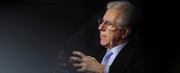 Italian Prime Minister Mario Monti speaks on the set of the &#8220;Porta a Porta&#8221; television show on December 6, 2011 in Rome. Monti is invited as the guest of the show two days after he presented his draconian austerity plan to parliament, warning Italy risks a Greek-style &#8220;collapse&#8221; if it is not adopted, as financial markets cheered the proposals. AFP PHOTO / FILIPPO MONTEFORTE (Photo credit should read FILIPPO MONTEFORTE/AFP/Getty Images)

