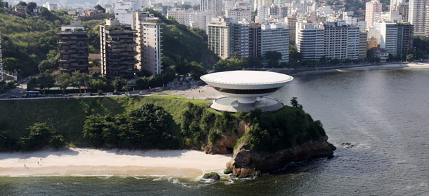 Aerial view taken on April 30, 2009 of the famous Museum of Contemporary Art designed by Brazilian architect Oscar Niemeyer in Niteroi, near Rio de Janeiro. AFP PHOTO/VANDERLEI ALMEIDA (Photo credit should read VANDERLEI ALMEIDA/AFP/Getty Images)
