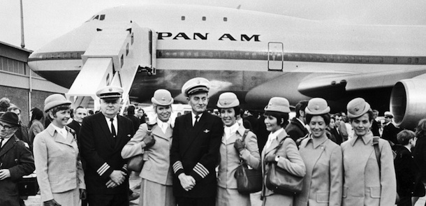 Family picture taken on January 13, 1970 of the aircrew of the first commercial flight of the Boeing 747 from New York to London for Pan American. On September 30, 1968, the first 747 was rolled out of the Everett assembly building before the world&#8217;s press and representatives of the 26 airlines that had ordered the plane, and first flight took place on February 09, 1969. The Boeing 747, called also &#8220;Jumbo Jet&#8221;, entered service on January 21, 1970, on Pan Am&#8217;s New York?London route. (Photo credit should read -/AFP/Getty Images)
