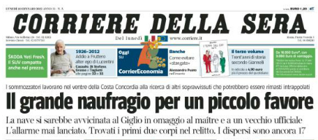Le prime pagine di lunedì 16 gennaio 2012