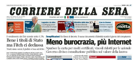 Le prime pagine di sabato 28 gennaio 2012