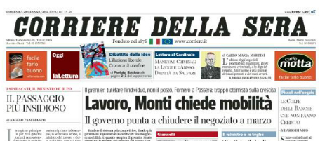 Le prime pagine di domenica 29 gennaio 2012