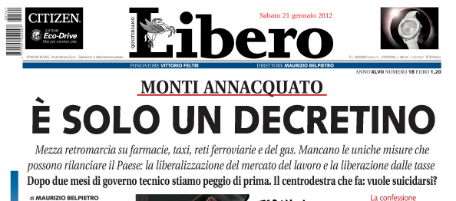 Le prime pagine di sabato 21 gennaio 2012