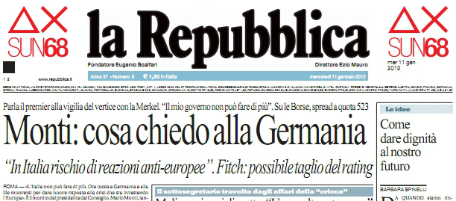 Le prime pagine di mercoledì 11 gennaio 2012