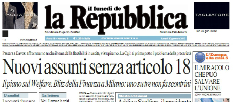 Le prime pagine di lunedì 30 gennaio 2012