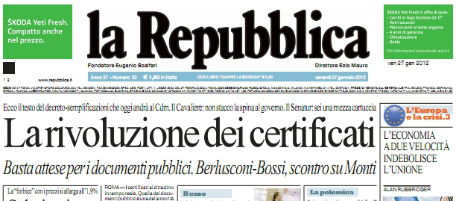 Le prime pagine di venerdì 27 gennaio 2012