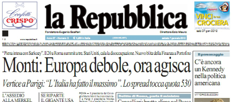 Le prime pagine di sabato 7 gennaio 2012