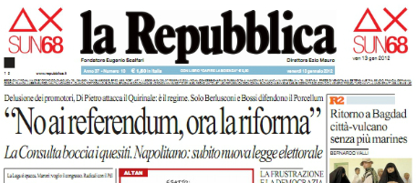Le prime pagine di venerdì 13 gennaio 2012