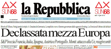 Le prime pagine di sabato 14 gennaio 2012