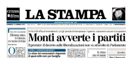 Le prime pagine di domenica 22 gennaio 2012