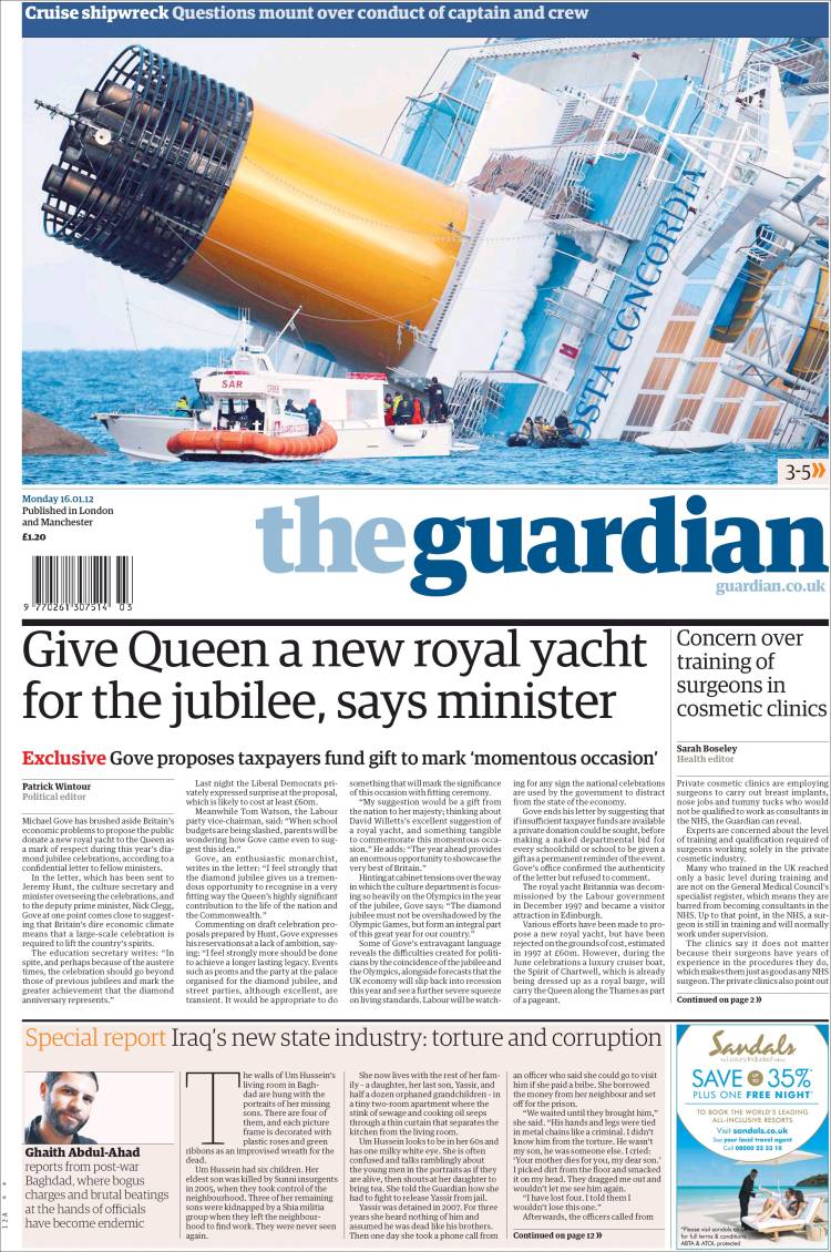 Le prime pagine internazionali di oggi sulla Costa Concordia