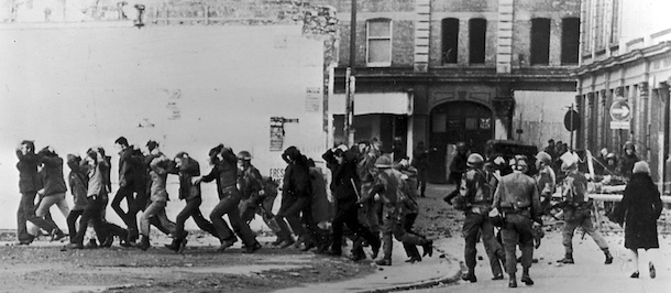 400345 03: British paratroopers take away civil rights demonstrators on "Bloody Sunday" after the paratroopers opened fire on a civil rights march, killing 14 civilians, January 30, 1972 in Londonderry, Northern Ireland. Thousands of people are expected to take part in events to mark the 30th anniversary of "Bloody Sunday" February 3, 2002 in Londonderry. (Photo by Getty Images)