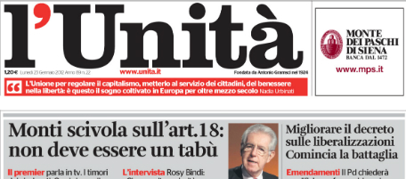 Le prime pagine di lunedì 23 gennaio 2012