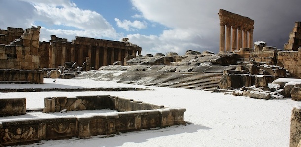 Snow covers the temple of Jupiter at Raman acropolis in the historical north eastern Lebanese town of Baalbek, in Bekaa Valley on January 28, 2012 which was completed in the 2nd century AD at the Roman Acropolis. AFP PHOTO/STR (Photo credit should read -/AFP/Getty Images)