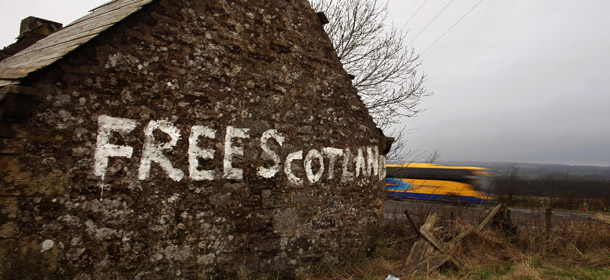 GREENLOANING, SCOTLAND - JANUARY 10: Graffiti stating 'Free Scotland' is written on the gable end wall of a derelict cottage on January 10, 2012 in Bannockburn, Scotland. The Scottish First Minister has indicated that the Scottish National Party plans to hold its referendum on Scottish independence in 2014 on the 700th anniversary of the Battle of Bannockburn. Prime Minister David Cameron and his coalition government, wants the vote on the referendum to be held sooner rather than later. (Photo by Jeff J Mitchell/Getty Images)