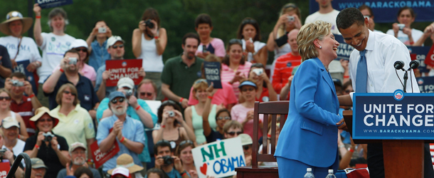 UNITY, NH - JUNE 27: U.S. Sen. Hillary Rodham Clinton (D-NY) (L) and U.S. Sen. Barack Obama (D-IL) participate in their first joint campaign appearance June 27, 2008 in Unity, New Hampshire. After an acrimonious primary, the two politicians look to set aside differences and unify the Democratic Party before the November election. (Photo by Spencer Platt/Getty Images)