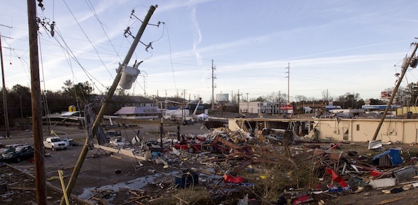 in Center Point, Ala., Monday, Jan. 23, 2012. Jefferson County sheriff's spokesman Randy Christian said the storm produced a possible tornado that moved across northern Jefferson County around 3:30 a.m., causing damage in Oak Grove, Graysville, Fultondale, Clay and Trussville. (AP Photo/Dave Martin)