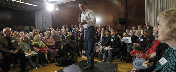 Republican presidential candidate, former Massachusetts Gov. Mitt Romney speaks during a campaign appearance at the Bayliss Park Hall Sunday, Jan. 1, 2012, in Council Bluffs, Iowa. (AP Photo/Chris Carlson)