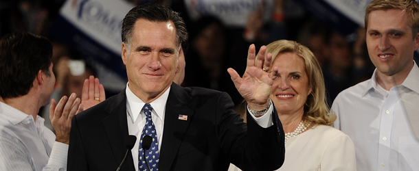 Republican presidential hopeful Mitt Romney addresses a primary night rally in Manchester, New Hampshire, January 10, 2012, after seizing a second victory in his fight to be the party's presidential nominee, winning New Hampshire's key primary. AFP PHOTO/Emmanuel Dunand (Photo credit should read EMMANUEL DUNAND/AFP/Getty Images)