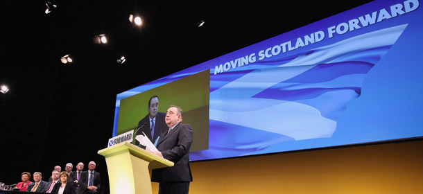 INVERNESS, SCOTLAND - OCTOBER 22: Scottish National Party Leader and Scotland's First Minister Alex Salmond addresses the 77th annual Scottish National Party conference at the Eden Court Theatre on October 22, 2011 in Inverness. Alex Salmond called for independence as he addressed the party's first conference since its landslide election victory in May's Scottish elections. The SNP are set to have a referendum on independence towards the end of the five year term in government. (Photo by Jeff J Mitchell/Getty Images)