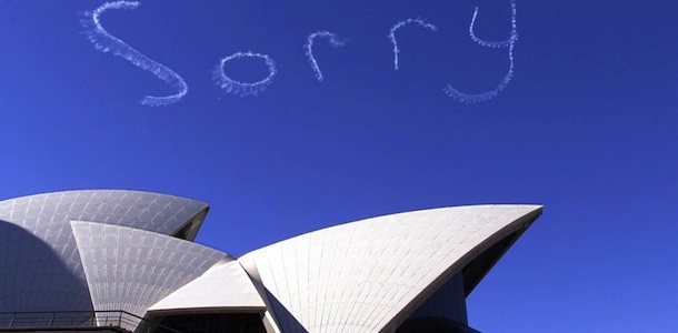 On a day where more than one hundred and fifty thousand people crossed the Sydney Harbour Bridge as a sign of reconciliation an unidentified organization has the word "sorry" written in the sky above the Sydney Opera House during the Corroboree 2000 celebrations, Australia, Sunday, May 28, 2000. Sorry is the one word the Aboriginal people want to hear Australian Prime Minister Howard say in regards to the Stolen Generation. In the hopes of the Aboriginal Council, this celebration will start a reconciliation between the Australian people and the Aboriginal people to provide justice and equity for all. (AP Photo/Rob Griffith)