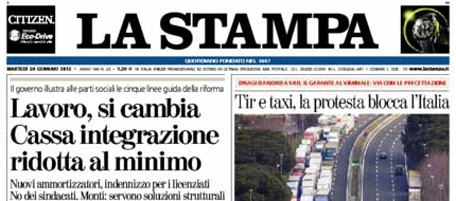 Le prime pagine di martedì 24 gennaio 2012
