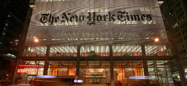 NEW YORK - FEBRUARY 19: The New York Times headquarters is seen February 19, 2009 in New York City. The New York Times Co. suspended quarterly dividend payments to shareholders today in an effort to reduce debt. (Photo by Mario Tama/Getty Images)