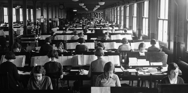 3rd June 1932: Hundreds of women at work at the Pensions Office (Registrar General's Office) in Acton, London, compiling information from the Census of April 1931. (Photo by Fox Photos/Getty Images)